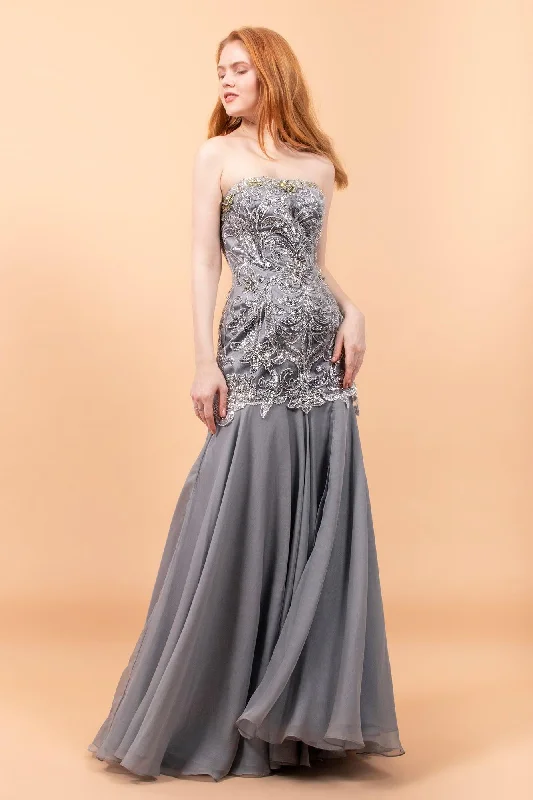 Prom Long Strapless Beaded Formal Chiffon Dress