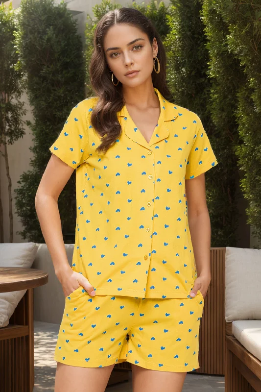 Light Yellow Cotton Printed Button Down Shirt & Shorts Set