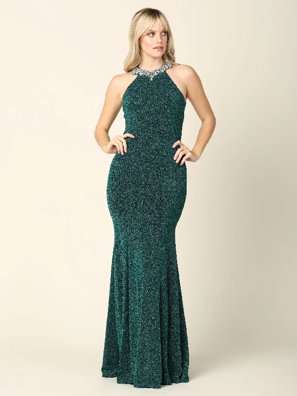 Long Fitted Halter Metallic Prom Dress