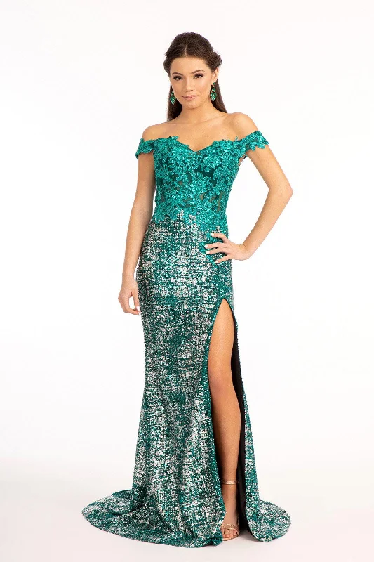 Long Off Shoulder Formal Sequins Prom Dress