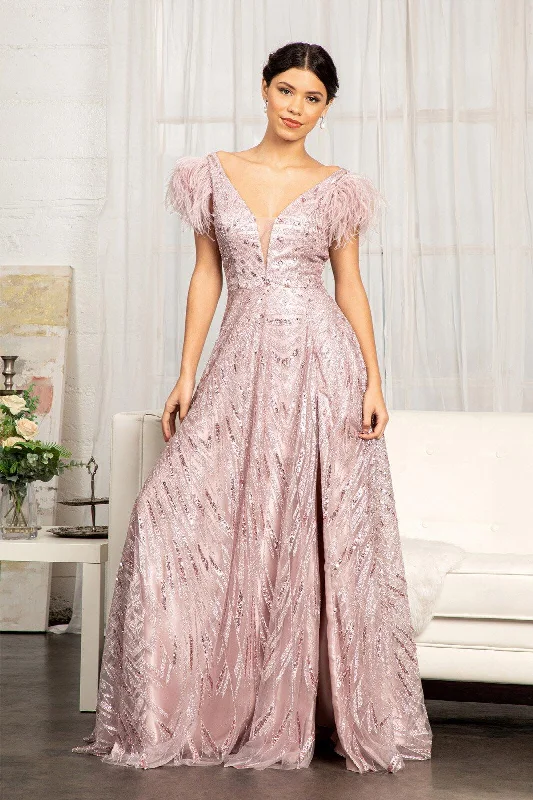 Long Formal Sleeveless Feather Prom Dress