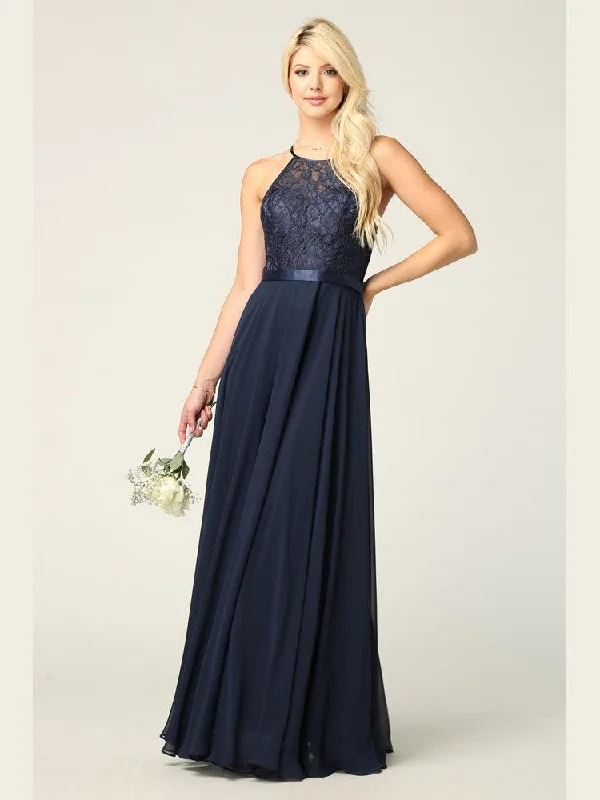 Lace Halter Chiffon Long Bridesmaids Dress