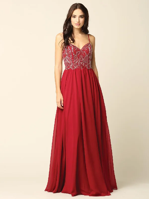 Long Spaghetti Strap Beaded Formal Chiffon Dress