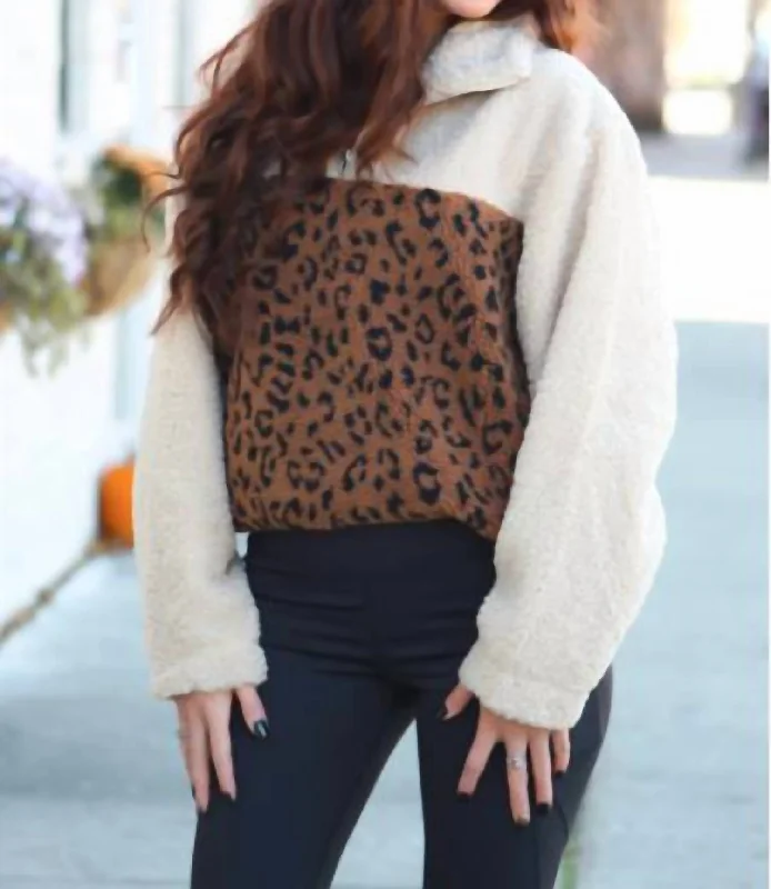 Leopard Sherpa Pullover In Cream Brown