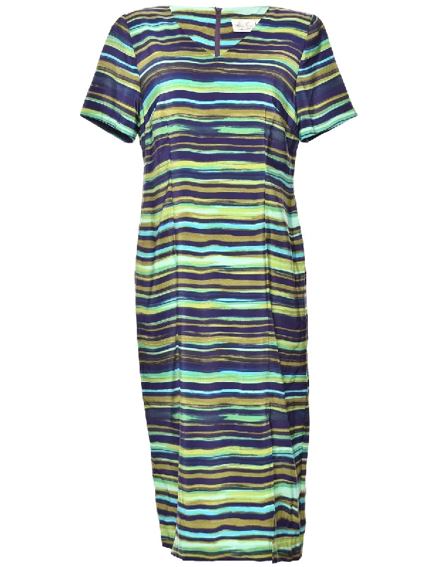 Navy & Green Striped Dress - L