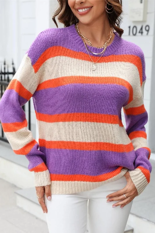 WOMENS COLOR STRIPE CASUAL SWEATER TOP