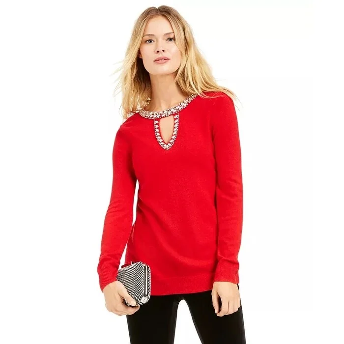 INC International Concepts Women's Embellished Keyhole Sweater Dark Red Size Extra Small - X-Small