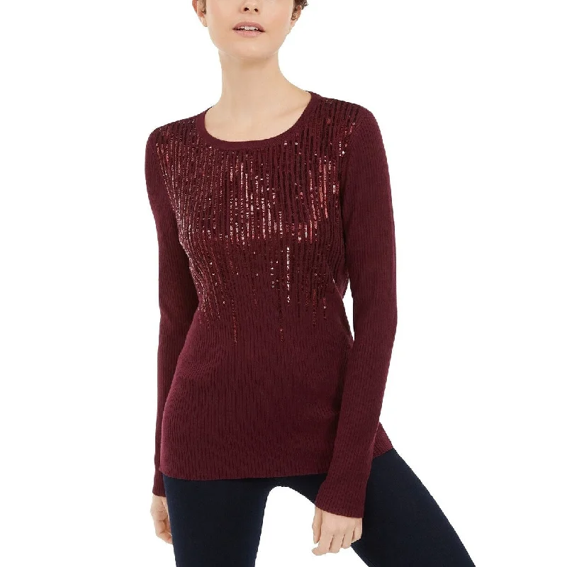 INC International Concepts Women's Petite Sequined Ribbed-Knit Sweater Red Size Medium