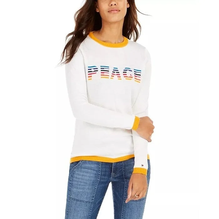 Tommy Hilfiger Women's Rainbow Peace Ringer Sweater White Size Small