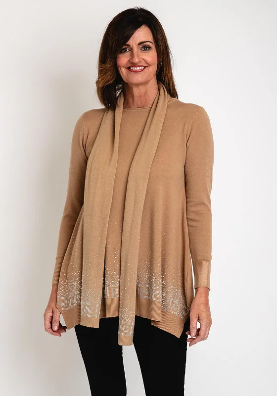 Serafina Collection Embellished Knit Sweater & Scarf Set, Camel