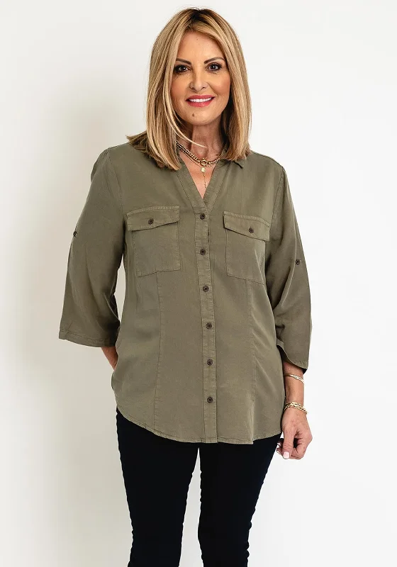 FREEQUENT Three Quarter Sleeve Denim Shirt, Dusty Olive