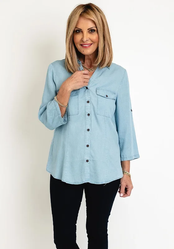 FREEQUENT Three Quarter Sleeve Denim Shirt, Light Blue