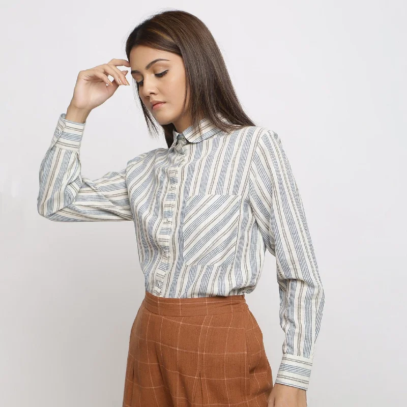 Off-White Striped Cotton Peter Pan Collar Yoked Shirt