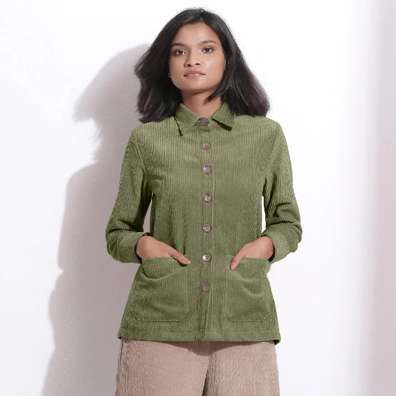 Sage Green Warm Cotton Corduroy Button-Down Shirt