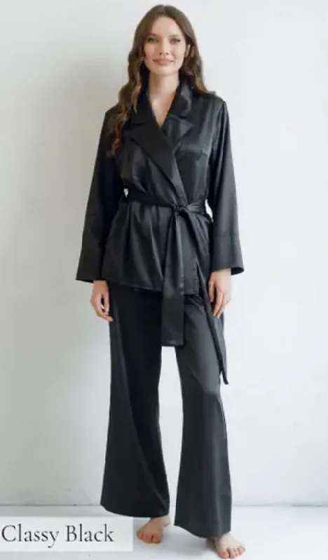 Mother of the Bride Satin Wrap Pajama Set in Black