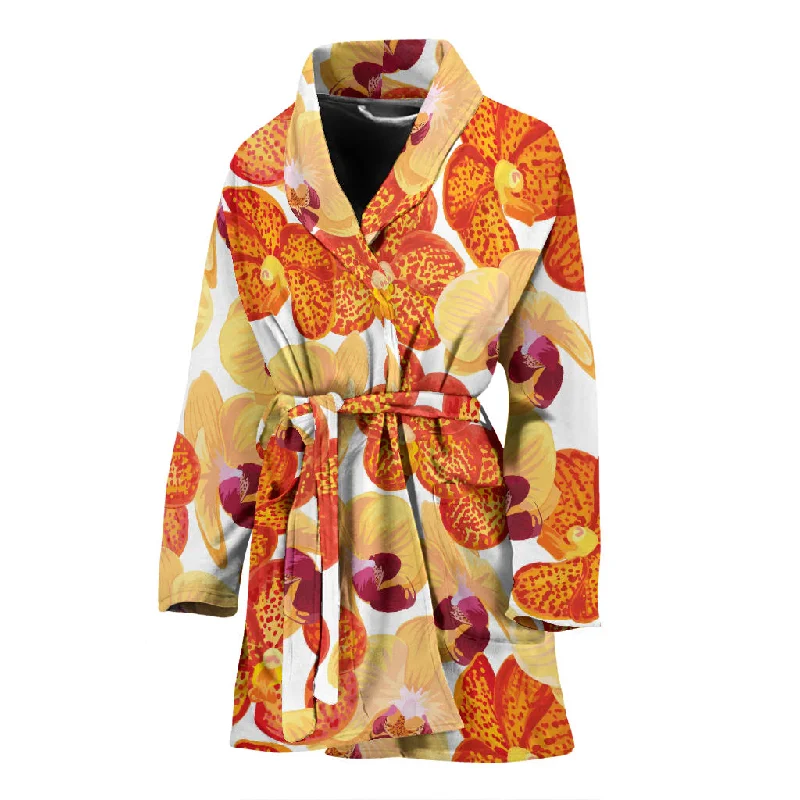 Orange Yellow Orchid Flower Pattern Background Women'S Bathrobe