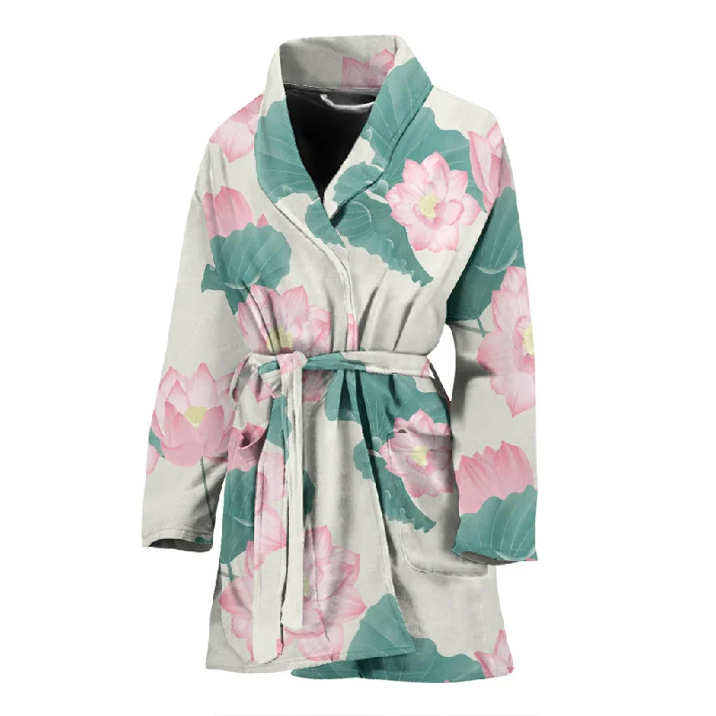 Pink Lotus Waterlily Leaves Pattern Women'S Bathrobe